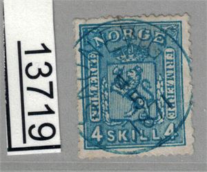 Nk 14 o. Nær fullstemplet i blått "SKONEVIG 4-5-1871"