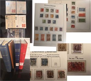DANMARK Samling i LT album + noe Grønland/Færøyene. Inkl et posthus, 2 tykke innstikksbøker + 1 tynn Skandinavia, noen gode FDC og postfærge følgebrev og plansje skilling. Kjempe katalogverdi, men meget varierende kvalitet. Vekt 6,7 kilo