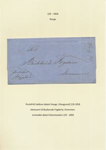 Håndskrevet "Hougs 2/8 (1858)". Portofritt helbrev (sign. J.Komland) adr til Buskeruds Fogderie, Drammen. Innholdet datert Klommestein 2.august 1858.