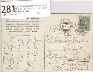 Skip Uttrøndelagens Posteksp. C. 20-X-07 på postkort.  2 pene avtrykk. (6 pkt)