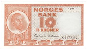 10 kroner 1971 X.6173382 erstatningsseddel. Kv.0