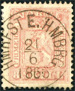 9. 8 skill, anert med et rettvendt dampsskipsstempel "Hmrfst E. Hmbrg 21.6.1866".