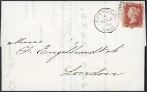 DWI. 1d red on a complete printed matter dated "Mayaguez, Puerto Rico 31 July 1872. Carried privatly to St. Thomas and cancelled with duplex "St-Thomas A Au 13 72 Paid, C 51" and sent to London. Rare.