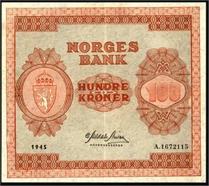 100 kroner 1945, serie A.1672115. 01
