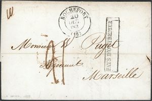 Entire dated "Guayra 22 Aout 1838" inside, and sent to Marseille. Box-postmark "Pays D´outremer" and "Rochefort 20 Oct" at front, "Bordeaux 21 Oct 38" at reverse.
