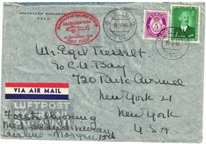 LUFTPOST. Førsteflygning Oslo-New York 14-9-1946  ekte brukt. Litt rufsete konvolutt