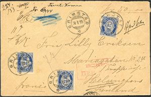 58. 60 øres porto til Finland. Tre 20 øre fintagget Centraltrykkeriet på bankokonvolutt (Kr 50,-) til Helsingfors, stemplet "Grimstad 31.1.95". Baksiden med to ulike segl samt transittstempel "Frederikshavn" og ankomststempel "9.2.95".