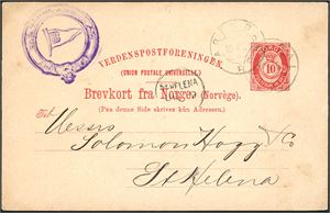 10 øres brevkort, stemplet "Arendal 18.5.94" og sendt til St. Helena. Ankomststemplet på forsiden.