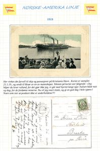 Den Norske Amerikalinjen. En samling postkort og brev på ark.
