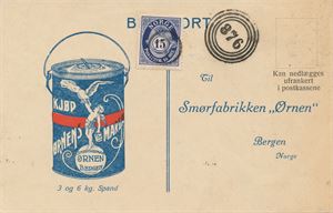 IV 876 - INDERØY I SOLUND (Sogn og Fjordane) (Aune: grad 5), nydelig avtrykk på postkort med påtrykk fra Smørfabrikken "Ørnen". Satt i porto med T-stemplet NK 121. Datert 5/7-1928 på baksiden.