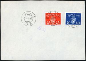 354,356,T 61,T 64. 25- og 40 øre Løve på uadressert konvolutt, stemplet "Oslo 1.10.46", samt en brevforside med 25- og 40 øre Off Sak, annullert med samme stempel.