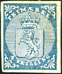 1. 4 skilling våpen 1855 variant Dobbeltfot" (D 40). Merket viser spor etter avvasket blekkanering. Normale til litt smale marger.