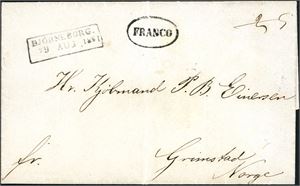 Komplett brev, stemplet "Bjørneborg 29 Aug. 1861" og sendt til Grimstad. Transittstemplet "Stockholm 5 Sep 61" på baksiden.