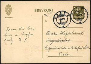 15 øres Brevkort, med hjelpestempel "Asker 3.6.39".