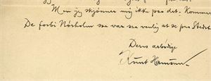 Knut Hamsun. Lite, ensiders brev, datert "Nørholm, 11/9.40." og sendt til Edv. Bjørnruds Maskinfabrik i Oslo. Brevet med full signatur.