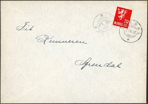 246. 20 øre Løve på konvolutt, annullert med både KPH "Skjerka" (VA, 9 pkt) og "Aaseral 27.2.42".