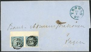 1. 4 skilling våpen 1855 i vertikalt par, på komplett dobbeltvektig brev, hvert merke er anert med nummerstempel "312" og ved siden stemplet "Tromsø 10.4.1857". Merkene med stor del av arkrand i venstre side, de øvrige fra god til litt smal. Brevet med noen mindre aldersflekker.