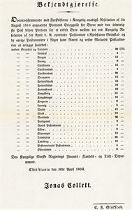 Bekjentgjørelse fra Finansdepartementet i 1834, vedrørende åpningen av Grimstad Postkontor.