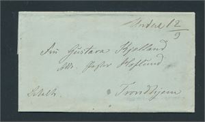 Betalt brev med håndskrevet "UNDAL 12/9" til Trondhjem, Bak stemplet CHRISTIANSSAND 12-9-1855" i blått og "8"