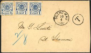 Unfranked envelope, with  "St. Thomas 10.4.1902" cds and with two 1 cent- and one 6 cent Postage Due on the front. The 6 c with some perf remarks.