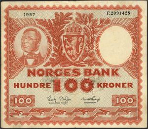 100 kr 1957, serie F.2091428. 2