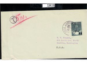 SOGN LASTERUTE Kph type 2 på filatelistisk brev til USA, satt i porto med 5 cent (Grad 7)