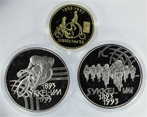 Sykkel VM 1993. Komplett sett med en 1500 kr i gull og to 100 kroner i sølv. 0