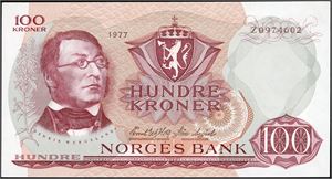 100 kroner 1977, serie Z 0974602. Erstatningsseddel. 01
