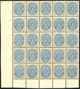 7. DWI. 4 cents bicoloured in a block of 25 from the lower, left corner. (2th. Print). A small split perforations between 2. and 3. row. Also a block of 4 on a small paper cancelled with a stumb postmark (3th. Print).