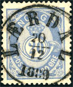 40 I. 20 øre blå 1883, fullstemplet "Lærdal 20.12.1884".