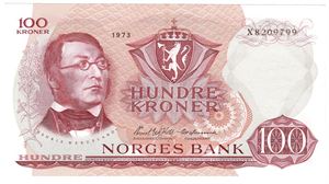 100 kroner 1973 X.8209799. Erstatningsseddel. Kv.0/01