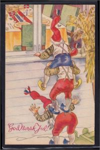 Julekort. Nisse titter i vindu.  Sign Frank Watne.