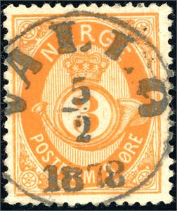 23. 3 øre skravert Posthorn, rettvendt fullstemplet "Vallø 5.2.1878".