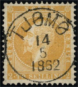 2. 2 skilling Oscar, rettvendt fullstemplet "Tjømø 14.5.1862". Del av annet stempel i venstre side.