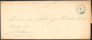 Brevomslag, sendt portofritt, med dampskipsstempel "Lindesnæs 28.5.1858" i blått.