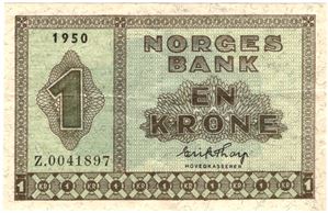 1 krone 1950 Z.0041897 Erstatningsseddel. Ukjent eksemplar. Pen kvalitet. Kv.1+