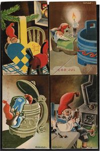 AUKRUST. Alle 4 kortene i Mittet serien N 2731, alle med tekst God Jul. 3 postgått, 1 UB. Kv. 1-2