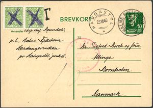 10 øre Brevkort, annullert med KPH "Halne Fjellstova" (HO) og ved siden stemplet "Haugastøl 23.8.40" og sendt til Danmark. Brevkortet er passert Tysk sensur, og ved ankomst satt i porto med 10 øre og påsatt to 5 øres Portomerker. Luksus.