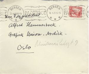 TMS 1939/05  Bergen 30.1.39  "Paquebot"  frankert med 20 aur Island på brev, sendt til OSLO ank.st. Oslo