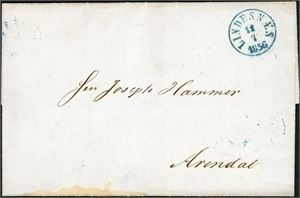 Komplett brev, datert "Christiania 10 Juli 1856", med dampskipsstempel "Lindesnæs 11.7.1856" i blått og sendt til Arendal.