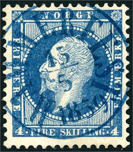 4. 4 skilling Oscar, rettvendt stemplet "Hammerfest 15.5.1859" (FI) i blå farge.