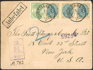 7,16. DWI. 13 cents postage to U.S.A. 4 c bicolored in a strip of 3, together with one 1 c Coat -of-Arms on registered envelope to New York, cancelled "Christiansted 6.3.1902". "Frederiksted 6.3.1902" and arrival postmark at reverse.