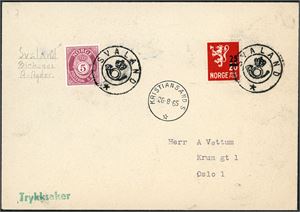 375,513. 25 øre Løveprovisorie sammen med 5 øre Posthorn på konvolutt, anert med KPH "Svaland" (AA, 8 pkt), og ved siden stemplet "Kristiansand S 26.8.65".