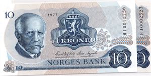 10 kroner 1977 HI og HJ erstatningssedler. Kv.0
