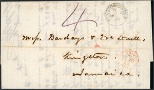 DWI. Unfranked complete letter from St Thomas to Jamaica, with "St Thomas Paid A Oc 30 63" (used i and the somewhat rare "Kingston Jamaica B No 5 63" postmark on front together with handwritten postage "4" number. Some minor holes around the name because the ink.