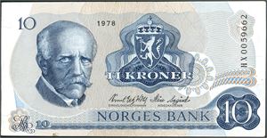 10 kroner 1978, serie HX 0059662. Erstatningsseddel. 1+