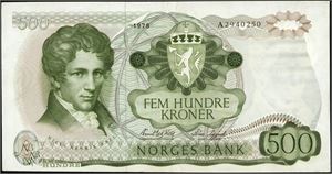 500 kroner 1978, serie A 2940250. 1+/01