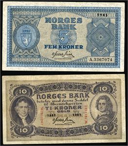 Noen norske og utenlandske sedler. Bl.a. 10 kr 1937, 42 og 45 og en 500 kr 1963 (mindre rifter og flekker oppe). Fra 1 til 2-
