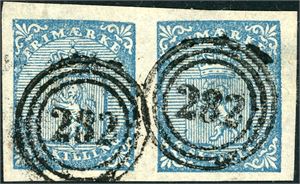 1. 4 skilling Våpen 1855 i horisontalt par, annullert med nummerstempel "282" (Stavanger). Gode marger. Pos. D 19/20.