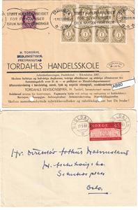 Brev stemplet TMS "STAVANGER 1.11.33 10-13" med arkivhull nede + brev stemplet "RUGLDALEN 12 9 61" (ST)